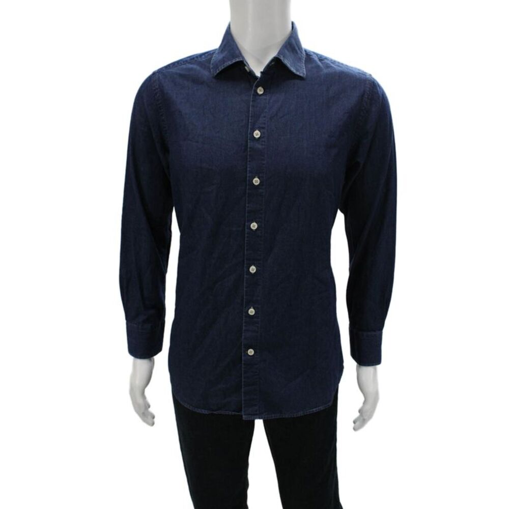 Tallia Mens Dress Shirt Blue Cotton Long Sleeve Button Up Size 15.5